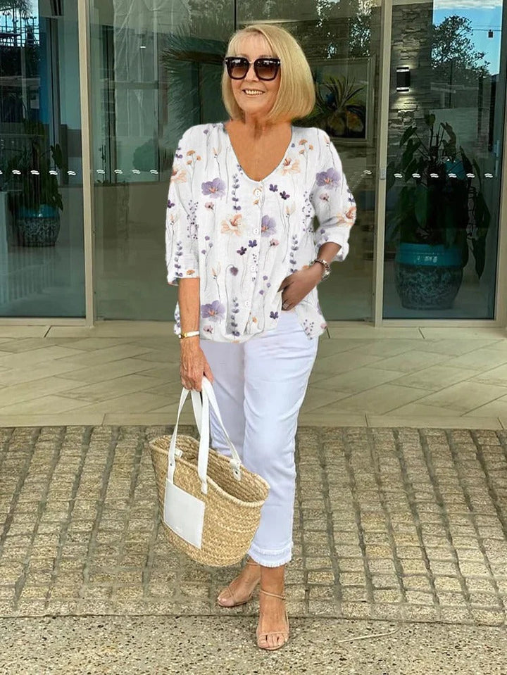 Lynette Elegant Floral Blouse With Button