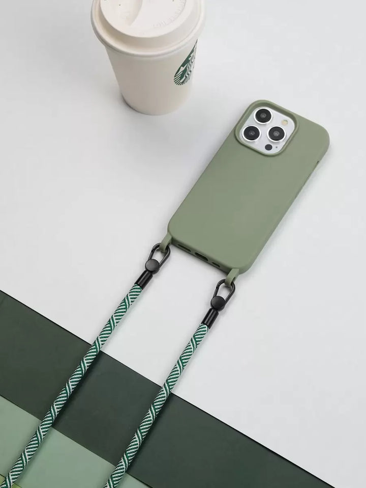 Premium Solid Phone Case with Metal Bead Lanyard – Compatible with iPhone 11–16 Series