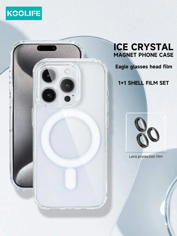1pc Koolife Magnetic Wireless Charging Case – Transparent TPU + PC with Airbag Cushion, Scratch-Resistant Camera Button & AI Recording – Compatible with iPhone 11 to 16 Series, Samsung Galaxy