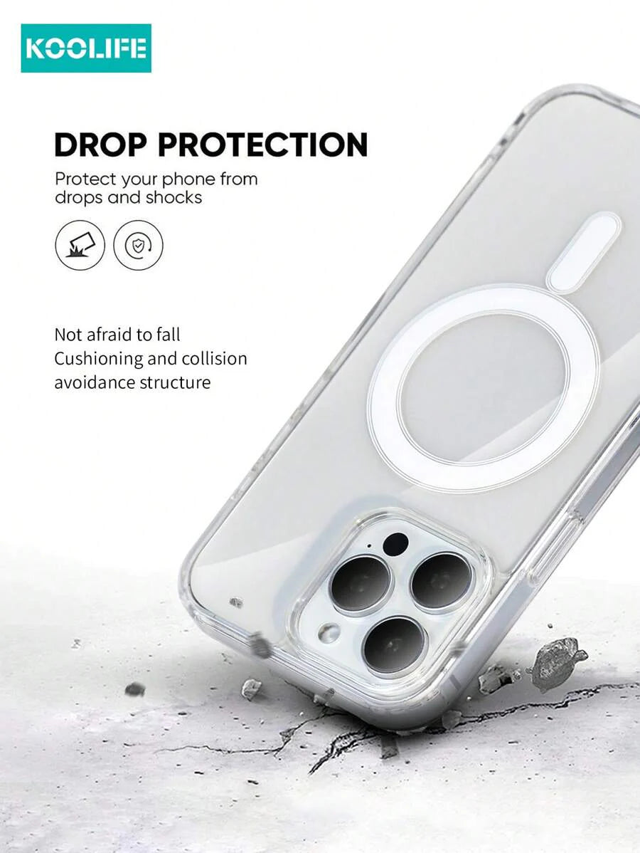 1pc Koolife Magnetic Wireless Charging Case – Transparent TPU + PC with Airbag Cushion, Scratch-Resistant Camera Button & AI Recording – Compatible with iPhone 11 to 16 Series, Samsung Galaxy