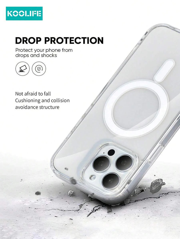 1pc Koolife Magnetic Wireless Charging Case – Transparent TPU + PC with Airbag Cushion, Scratch-Resistant Camera Button & AI Recording – Compatible with iPhone 11 to 16 Series, Samsung Galaxy