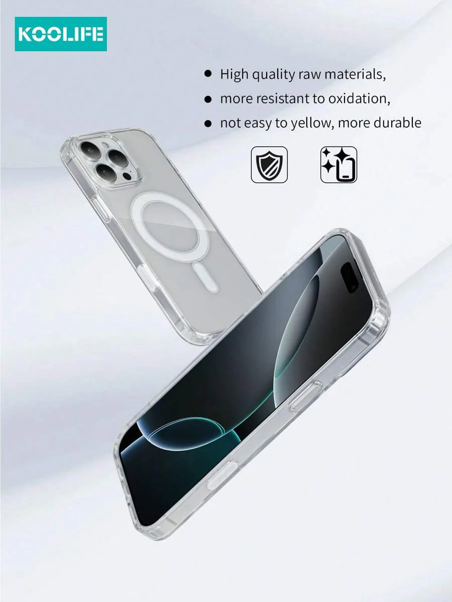 1pc Koolife Magnetic Wireless Charging Case – Transparent TPU + PC with Airbag Cushion, Scratch-Resistant Camera Button & AI Recording – Compatible with iPhone 11 to 16 Series, Samsung Galaxy