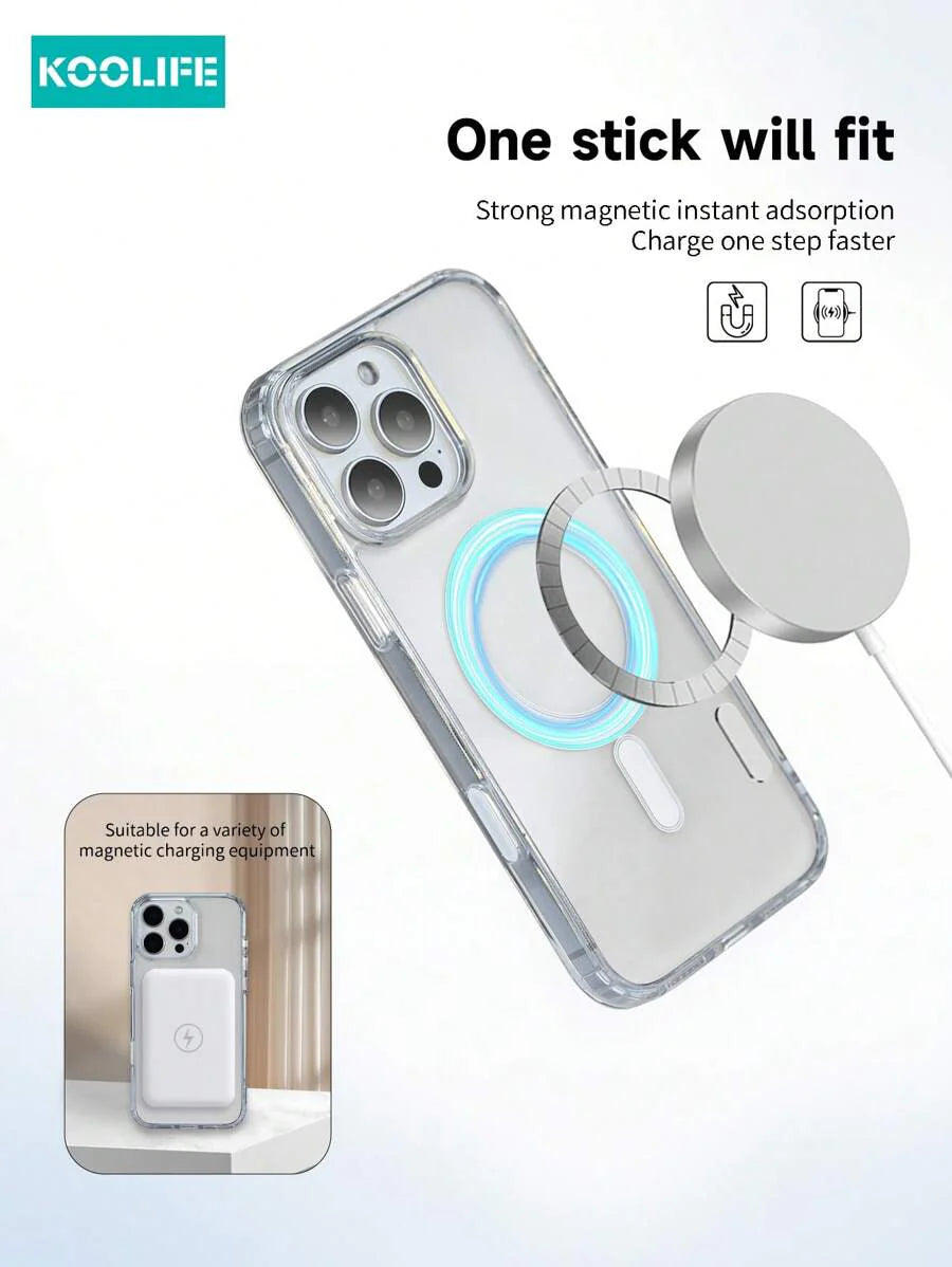 1pc Koolife Magnetic Wireless Charging Case – Transparent TPU + PC with Airbag Cushion, Scratch-Resistant Camera Button & AI Recording – Compatible with iPhone 11 to 16 Series, Samsung Galaxy