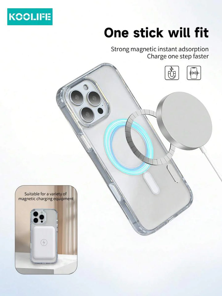 1pc Koolife Magnetic Wireless Charging Case – Transparent TPU + PC with Airbag Cushion, Scratch-Resistant Camera Button & AI Recording – Compatible with iPhone 11 to 16 Series, Samsung Galaxy