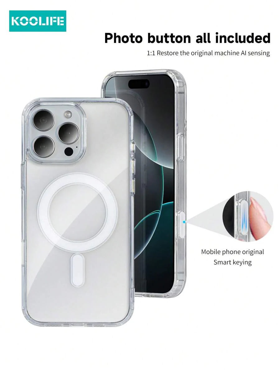 1pc Koolife Magnetic Wireless Charging Case – Transparent TPU + PC with Airbag Cushion, Scratch-Resistant Camera Button & AI Recording – Compatible with iPhone 11 to 16 Series, Samsung Galaxy
