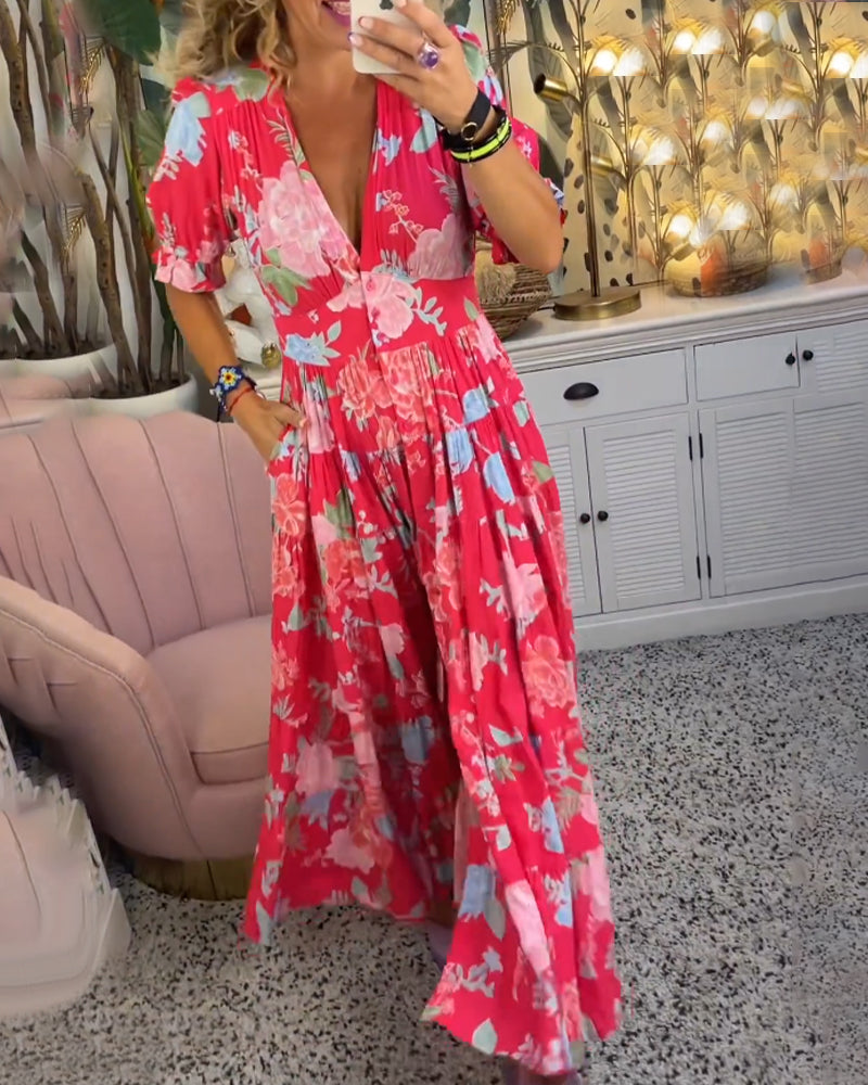 Lila Floral Print V-neck Pocket Dress