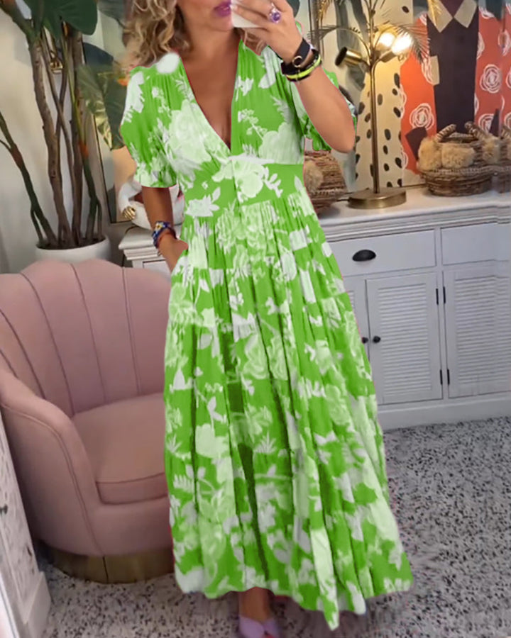 Lila Floral Print V-neck Pocket Dress