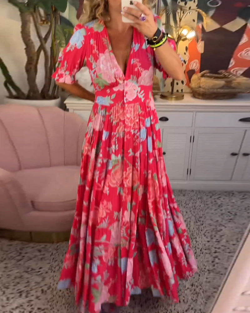 Lila Floral Print V-neck Pocket Dress