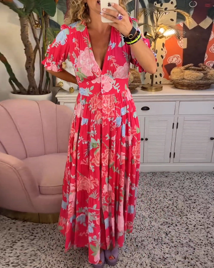 Lila Floral Print V-neck Pocket Dress