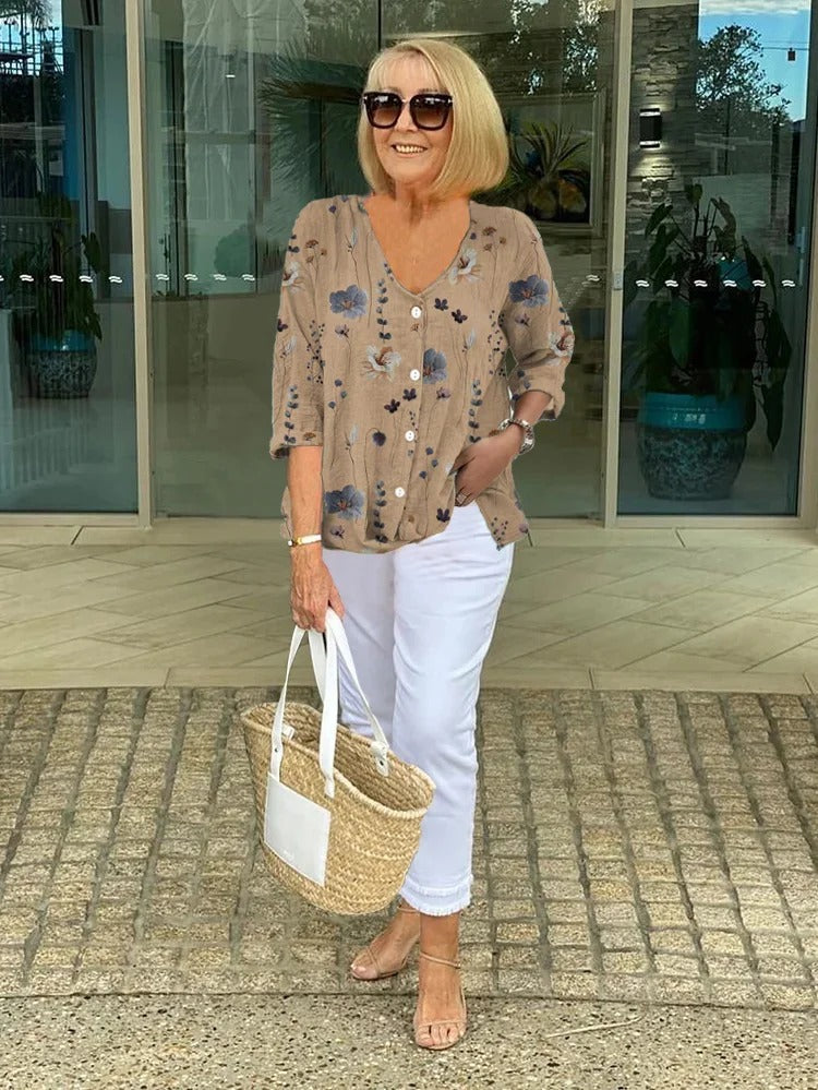 Lynette Elegant Floral Blouse With Button