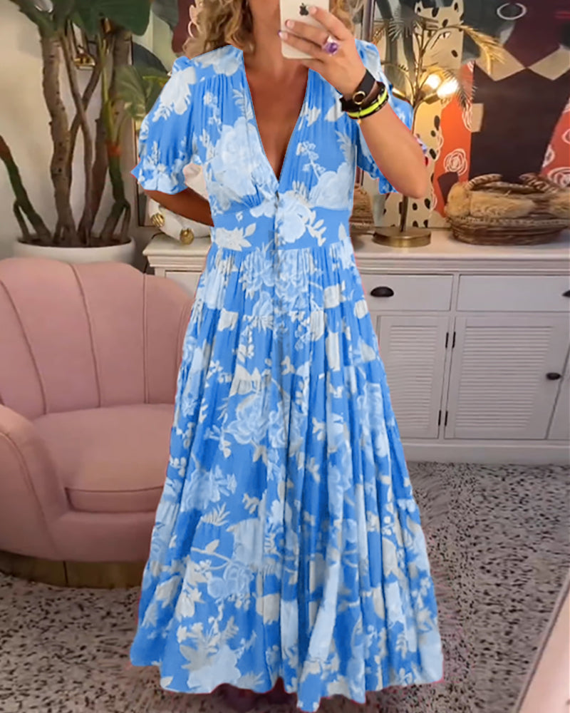 Lila Floral Print V-neck Pocket Dress