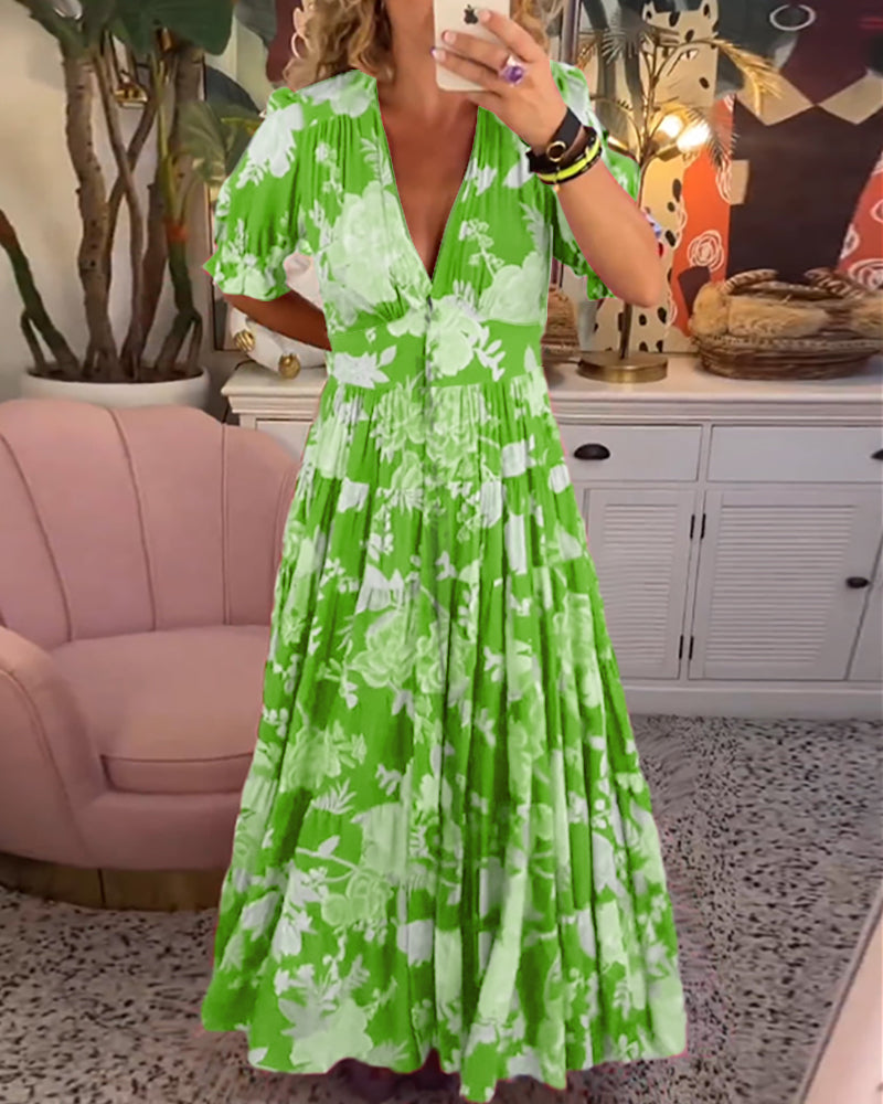 Lila Floral Print V-neck Pocket Dress