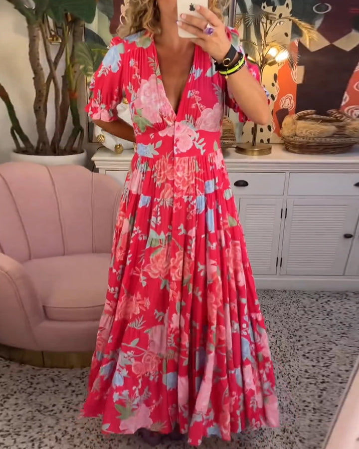 Lila Floral Print V-neck Pocket Dress