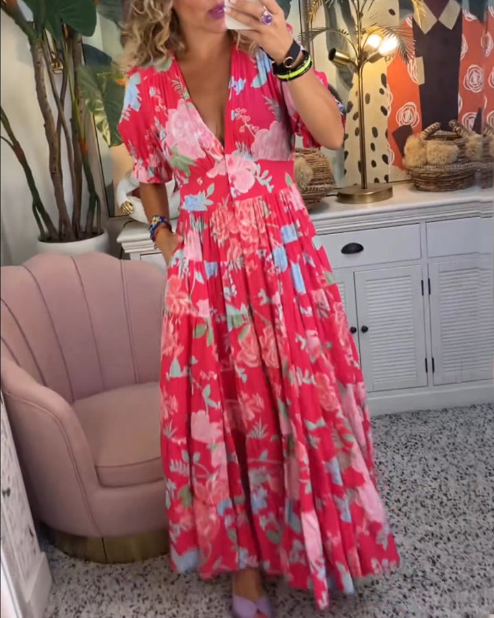 Lila Floral Print V-neck Pocket Dress