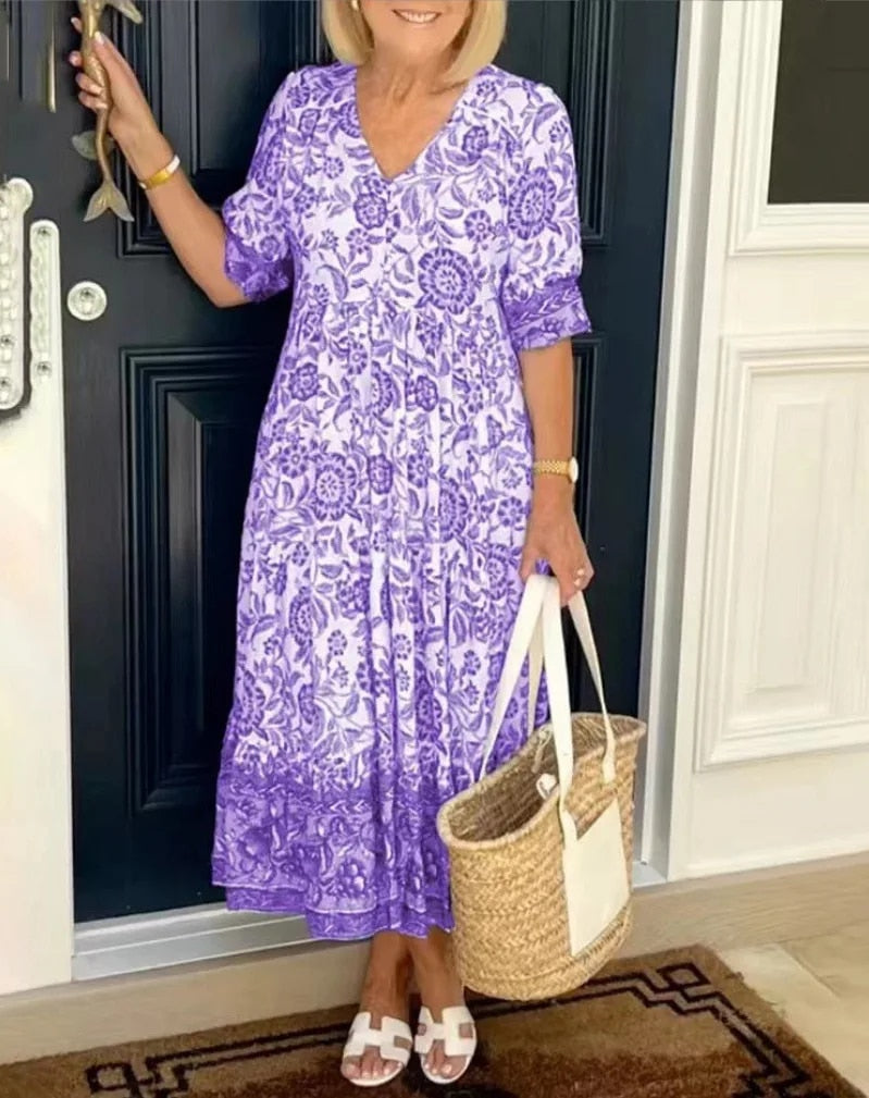 Roza Elegant Floral Dress with V-Neck