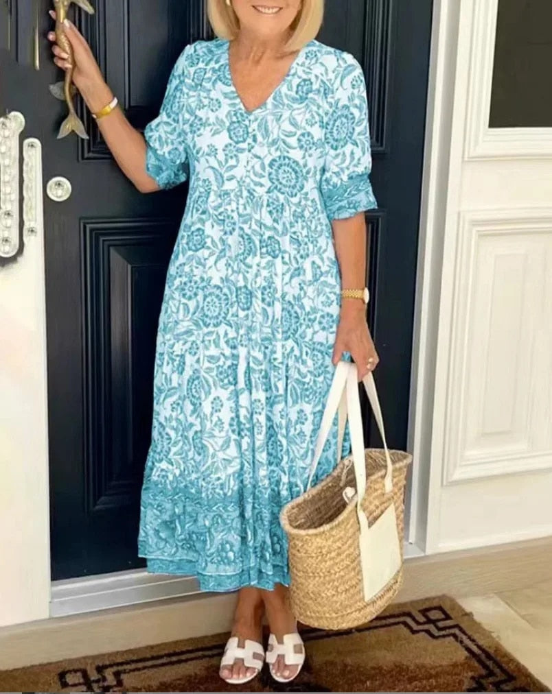 Roza Elegant Floral Dress with V-Neck