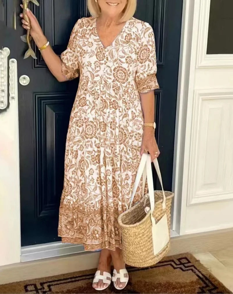 Roza Elegant Floral Dress with V-Neck