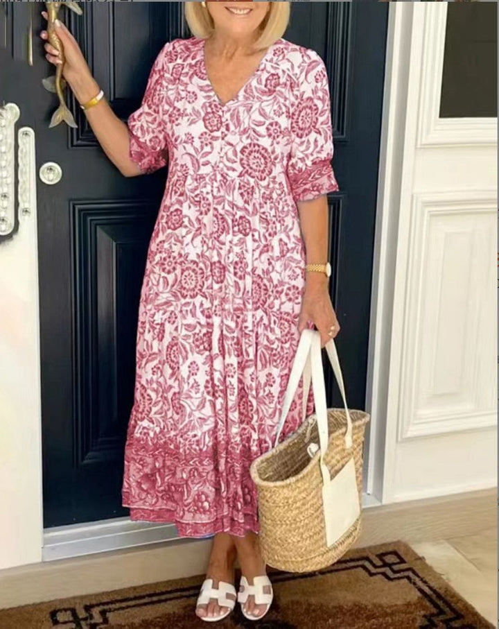 Roza Elegant Floral Dress with V-Neck