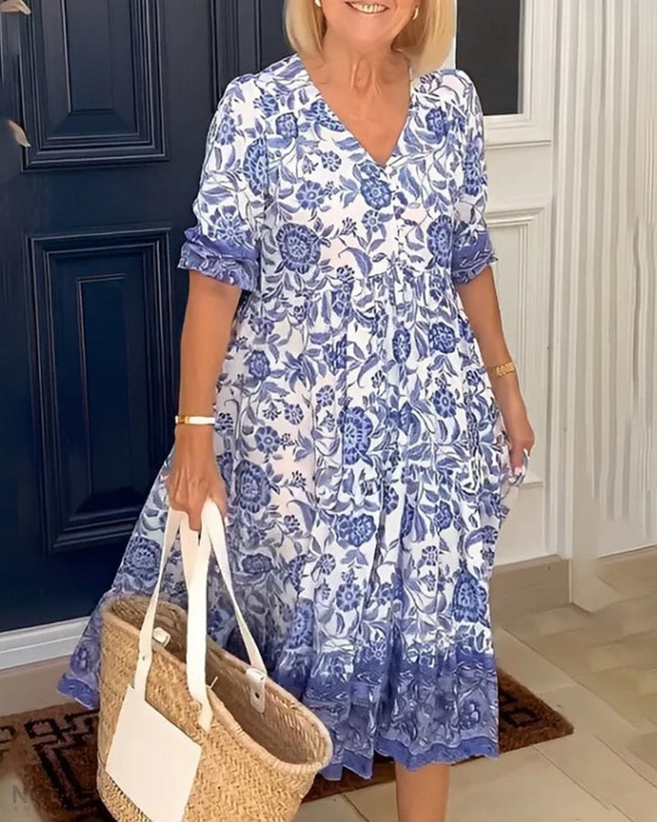 Roza Elegant Floral Dress with V-Neck
