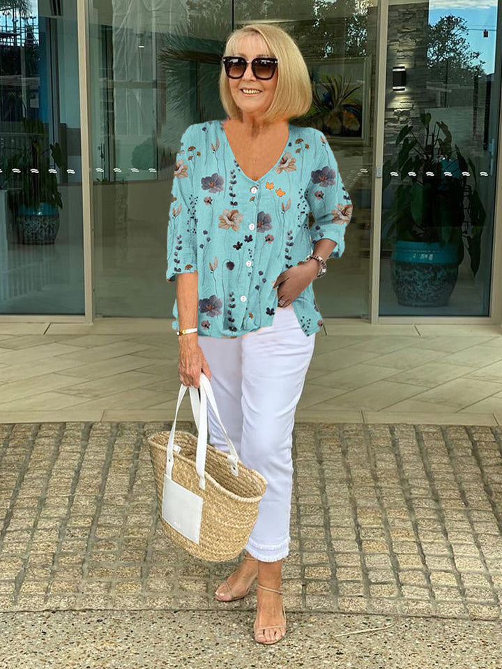 Lynette Elegant Floral Blouse With Button