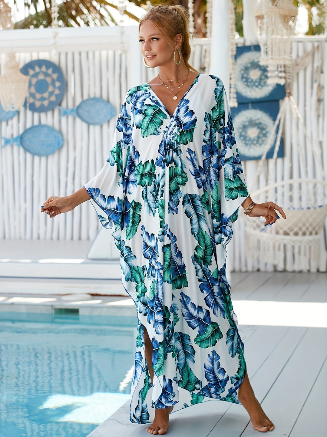 Nathalie Tropical Palm Leaf Dress