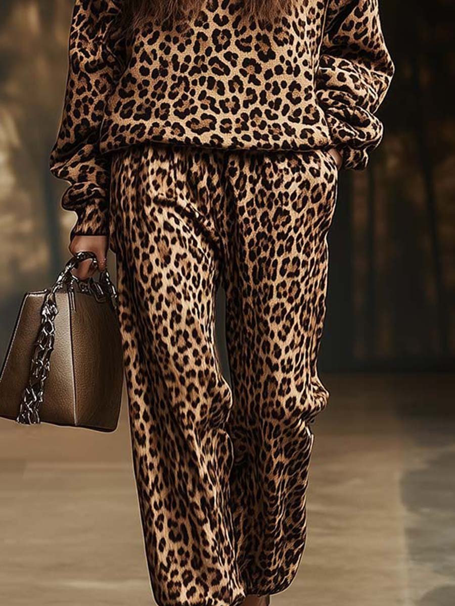 Lia Retro Casual Hooded Leopard Print Sweatshirt and Pants Two-piece Set