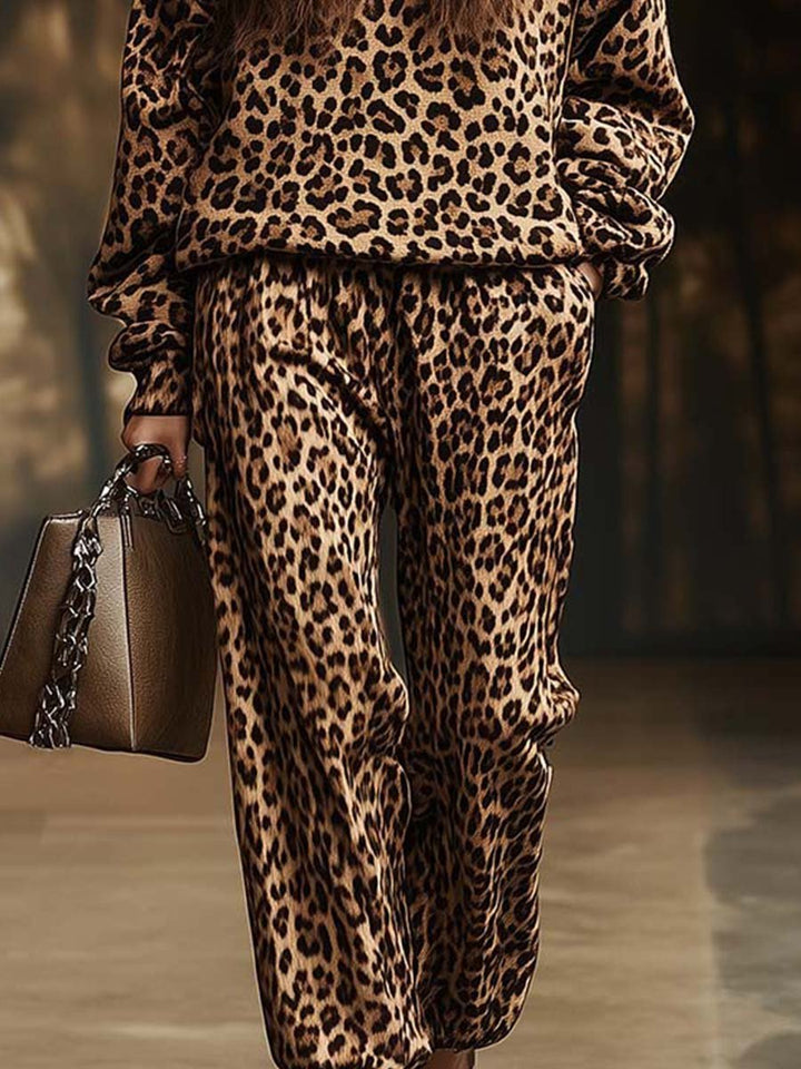 Lia Retro Casual Hooded Leopard Print Sweatshirt and Pants Two-piece Set