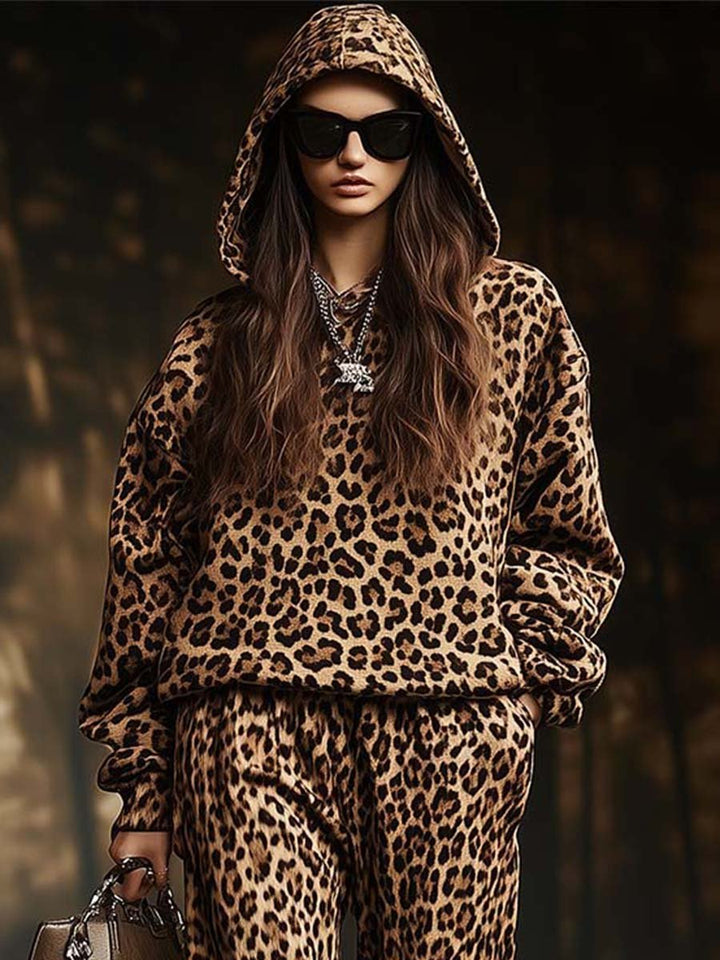 Lia Retro Casual Hooded Leopard Print Sweatshirt and Pants Two-piece Set
