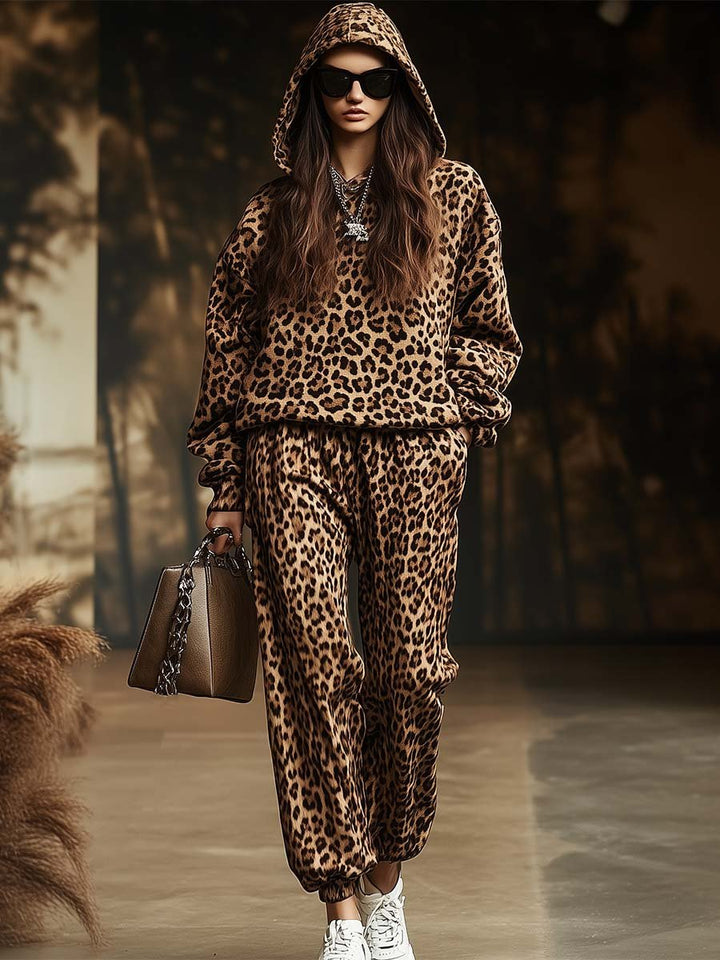 Lia Retro Casual Hooded Leopard Print Sweatshirt and Pants Two-piece Set