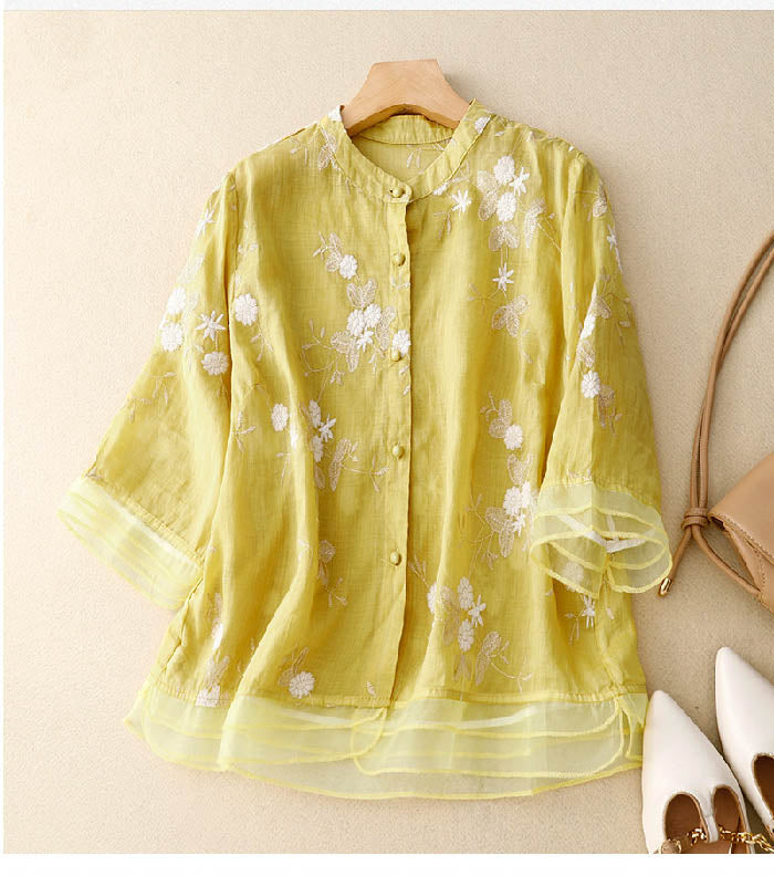 Sarah Embroidered Cotton-Linen Blouse