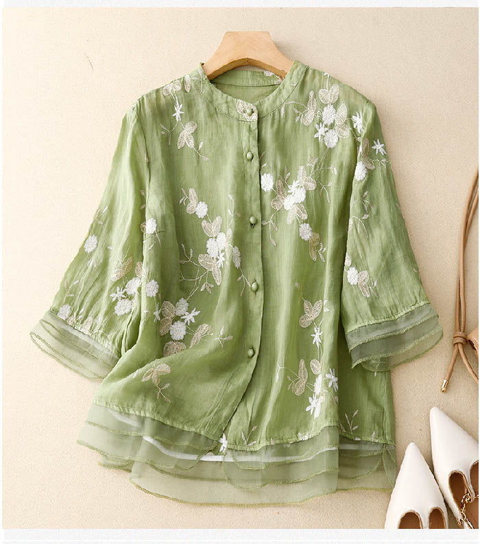 Sarah Embroidered Cotton-Linen Blouse